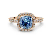 Halo Engagement Ring Setting for Fancy Blue Cushion Cut Center with Inner Milgrain Border and Prong Head in Rose Gold