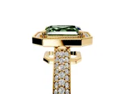 Milgrain Halo Engagement Ring Setting for Fancy Green Asscher Cut Center with Three-Sided Pave Band and Prong Head in Yellow Gold