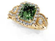 Milgrain Halo Engagement Ring Setting for Fancy Green Radiant Cut Center with Shoulder Bezels and Prong Head in Yellow Gold