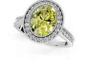 Halo Engagement Ring Setting for Fancy Yellow Oval Center with Milgrain Pave Band and Bezel Head in Platinum