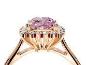 Starburst Halo Engagement Ring Setting for Fancy Pink Cushion Cut Center with Thin Round-Wire Band and Prong Head in Rose Gold