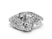 Halo Engagement Ring Setting for Pear-Shaped Center with Marquise and Pave Bypass Band and Prong Head in Platinum