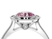 Halo Engagement Ring Setting for Fancy Pink Round Cut Center with Milgrain Pave Band and Bezel Head in Platinum