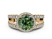 Halo Engagement Ring Setting for Fancy Green Round Cut Center with Wide-Open Pave Split Shank and Prong Head in Yellow Gold