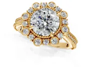 Milgrain Halo Engagement Ring Setting for Round Cut Center with Bezel Point Accents and Prong Head in Yellow Gold