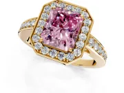 Bezel-Framed Halo Engagement Ring Setting for Fancy Pink Radiant Cut Center with Pave Band and Prong Head in Yellow Gold