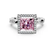 Halo Engagement Ring Setting for Fancy Pink Princess Cut Center with Pave and Plain Twist Band and Prong Head in Platinum