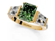 Channel-Set Engagement Ring Setting for Fancy Green Radiant Cut Center with Baguette Band and Prong Head in Yellow Gold