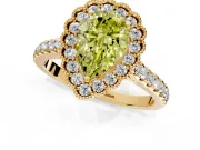 Milgrain Floral Halo Engagement Ring Setting for Fancy Yellow Pear-Shaped Center with Pave Band and Prong Head in Yellow Gold