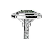 Halo Engagement Ring Setting for Fancy Green Emerald Cut Center with Milgrain Frame, Pave Band and Prong Head in Sterling Silver