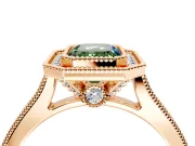 Halo Engagement Ring Setting for Fancy Green Emerald Cut Center with Milgrain Pave Band and Bezel Head in Rose Gold