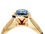 Halo Engagement Ring Setting for Fancy Blue Emerald Cut Center with Knife Ridge Cathedral Band and Prong Head in Yellow Gold
