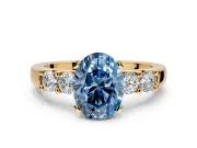 5 Stone Engagement Ring Setting for Fancy Blue Oval Center with Plain Band and Prong Head in Yellow Gold