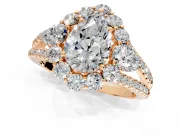 Halo Engagement Ring Setting for Pear-Shaped Center with Two-Strand Split Shank and Prong Head in Rose Gold