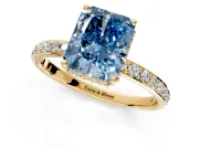 Hidden Halo Engagement Ring Setting for Fancy Blue Radiant Cut Center with Pave Band and Prong Head in Yellow Gold