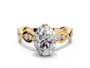 Solitaire Engagement Ring Setting for Oval Center with Accented Twist Band and Leaf Prong Head in Yellow Gold