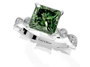 Solitaire Engagement Ring Setting for Fancy Green Princess Cut Center with Milgrain Bezel Accents and Prong Head in White Gold