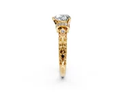 Solitaire Engagement Ring Setting for Heart-Shaped Center with Filigree Band and Prong Head in Yellow Gold
