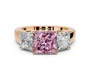 3 Stone Engagement Ring Setting for Fancy Pink Princess Cut Center with Raised Basket Heads and Prong Head in Rose Gold