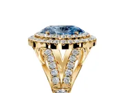 Double Halo Engagement Ring Setting for Fancy Blue Oval Center with Narrow Pave Split Shank and Prong Head in Yellow Gold