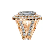 Double Halo Engagement Ring Setting for Emerald Cut Center with Narrow Pave Split Shank and Prong Head in Rose Gold