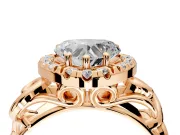 Halo Engagement Ring Setting for Heart-Shaped Center with Open Scroll Shoulders and Prong Head in Rose Gold