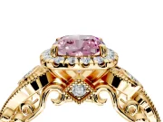 Milgrain Halo Engagement Ring Setting for Fancy Pink Cushion Cut Center with Shoulder Bezels and Prong Head in Yellow Gold