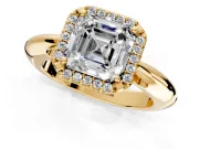 Halo Engagement Ring Setting for Asscher Cut Center with Tapered Plain Band and Prong Head in Yellow Gold