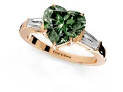 3 Stone Engagement Ring Setting for Fancy Green Heart-Shaped Center with Baguette Accents and Prong Head in Rose Gold