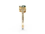 Cathedral Engagement Ring Setting for Fancy Green Heart-Shaped Center with Antique-Style Pave Band and Prong Head in Yellow Gold
