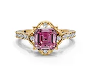 Floral Engagement Ring Setting for Fancy Pink Asscher Cut Center with Pave Band and Floral Prong Head in Yellow Gold