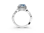 Halo Engagement Ring Setting for Fancy Blue Heart-Shaped Center with Leaf Motif Split Shank and Prong Head in Sterling Silver