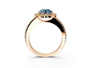 Pave Halo Engagement Ring Setting for Fancy Blue Round Cut Center with Single Row Pave Band and Prong Head in Rose Gold