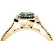 Halo Engagement Ring Setting for Fancy Green Emerald Cut Center with Pave Accents, Heart Basket and Prong Head in Yellow Gold