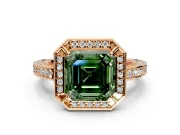 Halo Engagement Ring Setting for Fancy Green Asscher Cut Center with Framed Halo, Pave Band and Prong Head in Rose Gold