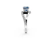 Solitaire Engagement Ring Setting for Fancy Blue Cushion Cut Center with Pave Bypass Swirl Band and Prong Head in White Gold
