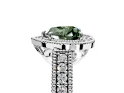 Milgrain Halo Engagement Ring Setting for Fancy Green Heart-Shaped Center with Pave Band and Prong Head in Platinum