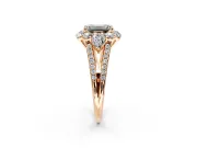 Halo Engagement Ring Setting for Emerald Cut Center with Two-Strand Split Shank and Prong Head in Rose Gold