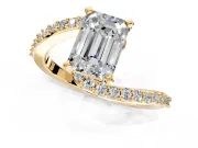 Solitaire Engagement Ring Setting for Emerald Cut Center with Pave Bypass Swirl Band and Prong Head in Yellow Gold