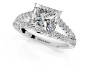 Solitaire Engagement Ring Setting for Princess Cut Center with Pave Split Shank and Prong Head in White Gold