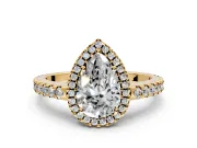 Accent Halo Engagement Ring Setting for Pear-Shaped Center with Full-Length Pave Band and Prong Head in Yellow Gold