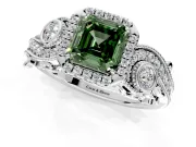 Milgrain Halo Engagement Ring Setting for Fancy Green Asscher Cut Center with Shoulder Bezels and Prong Head in White Gold