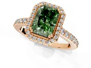 Halo Engagement Ring Setting for Fancy Green Radiant Cut Center with Inner Milgrain Border and Prong Head in Rose Gold