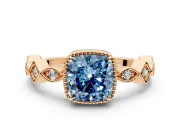 Milgrain Bezel Engagement Ring Setting for Fancy Blue Cushion Cut Center with Marquise Stations and Bezel Head in Rose Gold