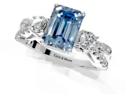 3 Stone Engagement Ring Setting for Fancy Blue Emerald Cut Center with Pave Split Shank and Prong Head in White Gold