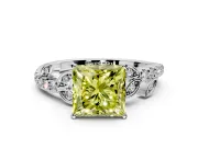 Leaf Motif Engagement Ring Setting for Fancy Yellow Princess Cut Center with Pave Band and Prong Head in Platinum