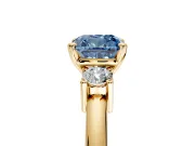 3 Stone Engagement Ring Setting for Fancy Blue Cushion Cut Center with Wide Plain Band and Prong Head in Yellow Gold