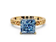 Solitaire Engagement Ring Setting for Fancy Blue Princess Cut Center with XO Engraved Band and Prong Head in Yellow Gold