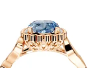Halo Engagement Ring Setting for Fancy Blue Cushion Cut Center with Leaf Motif Split Shank and Prong Head in Rose Gold