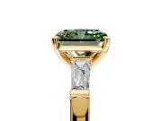 3 Stone Engagement Ring Setting for Fancy Green Radiant Cut Center with Tapered Baguettes, Plain Band and Prong Head in Yellow Gold